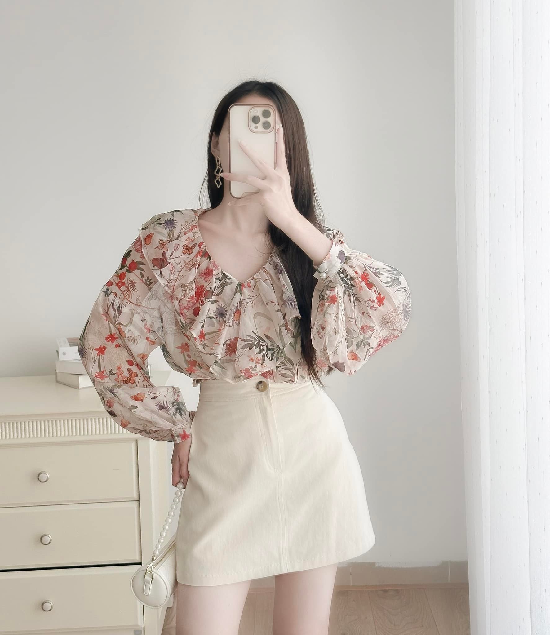 Áo sơ mi hoa cổ bèo thắt eo