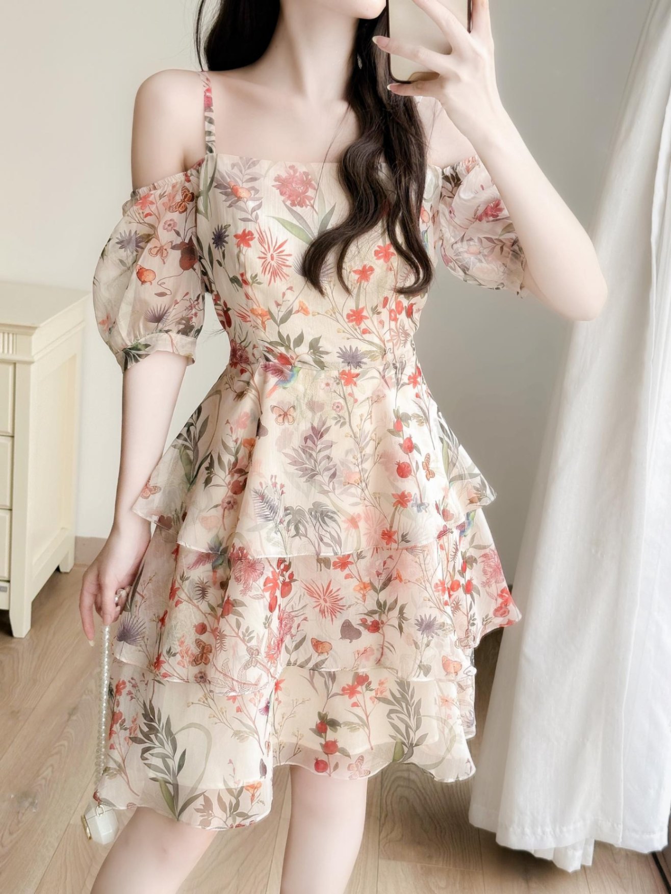 Váy voan hoa 3 tầng thắt nơ eo