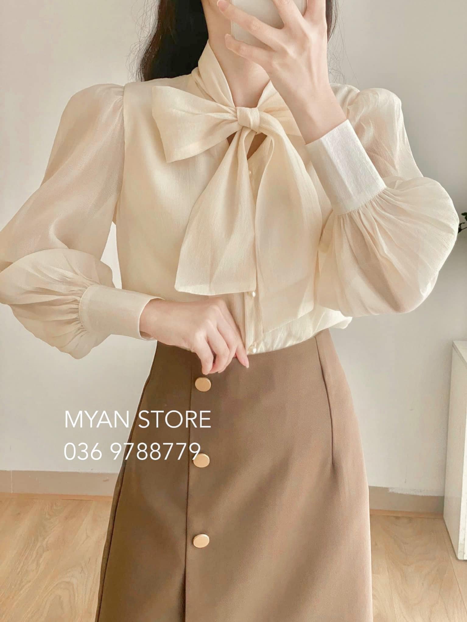 Sơ mi tơ buộc nơ cổ tay phồng