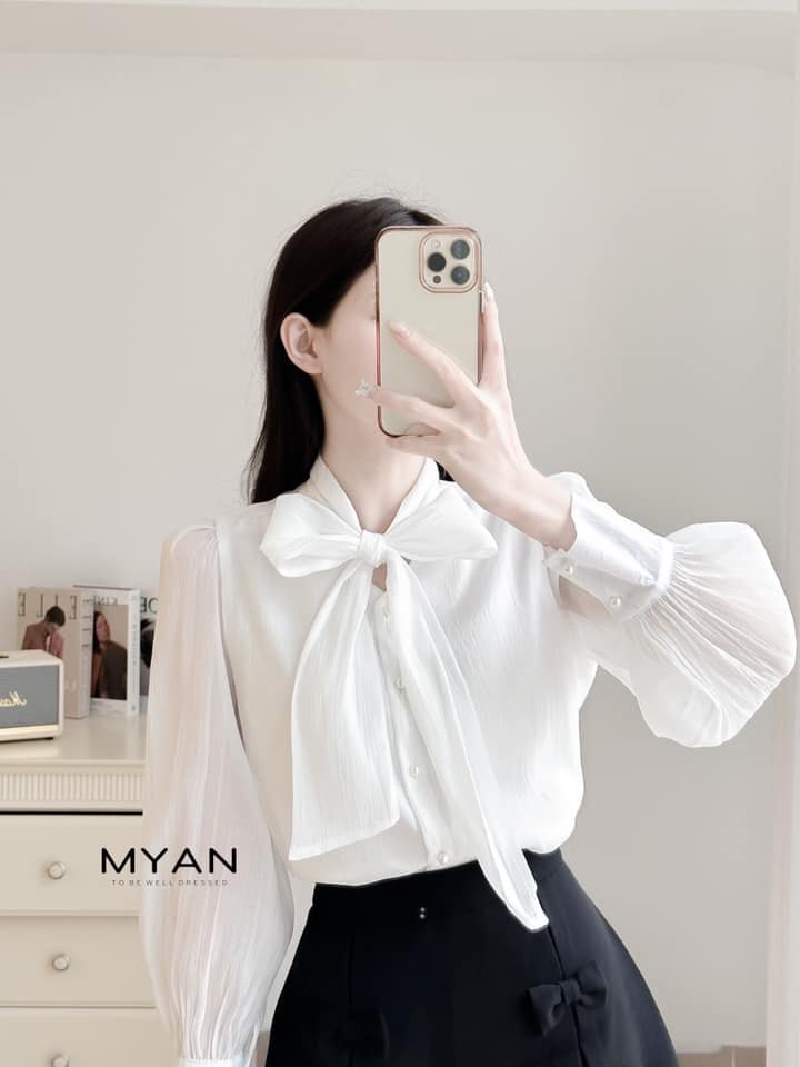 Sơ mi tơ buộc nơ cổ tay phồng
