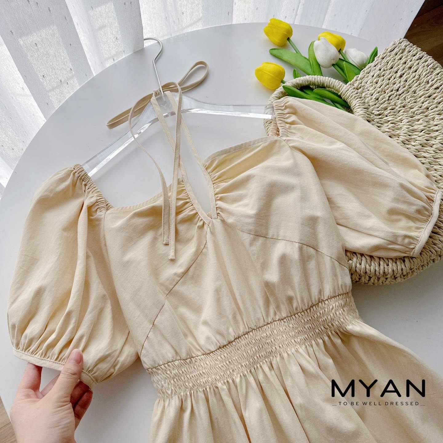 Váy thô chun vai cộc tay buộc nơ ngực