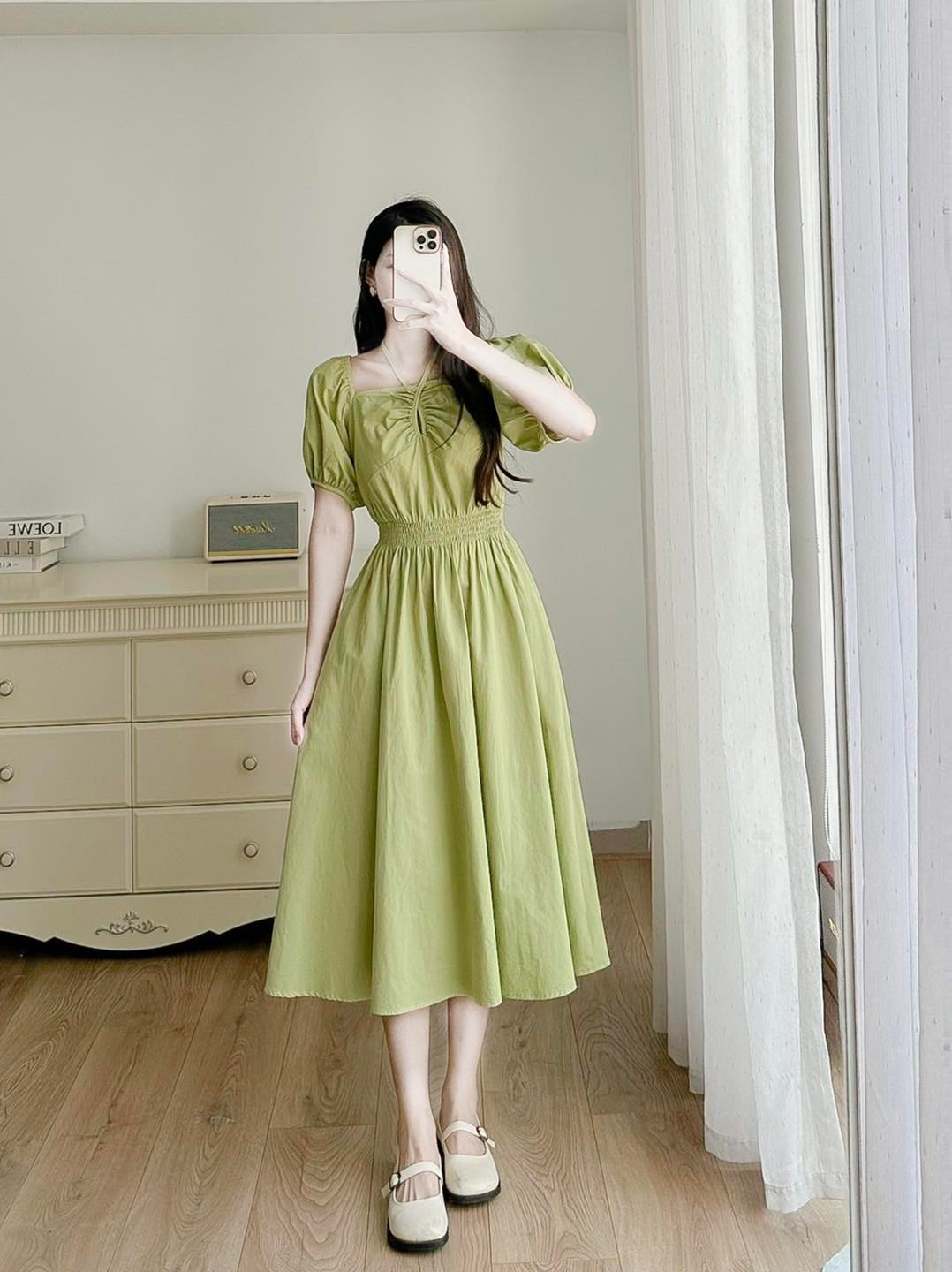 Váy thô chun vai cộc tay buộc nơ ngực
