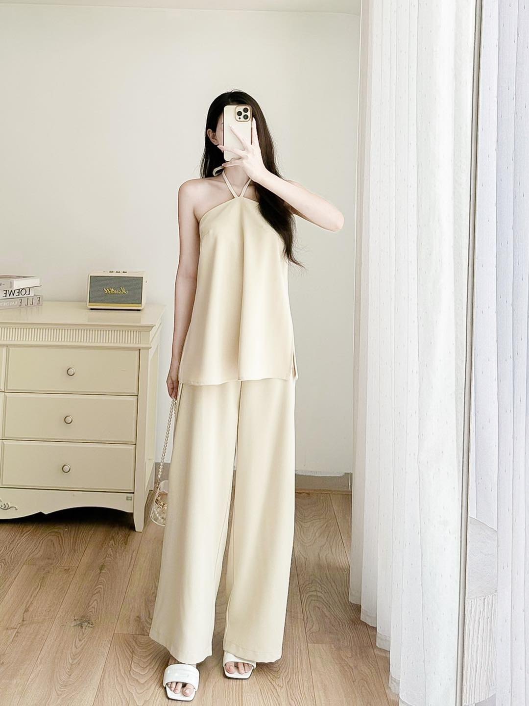 Set áo quây buộc nơ + quần ống rộng