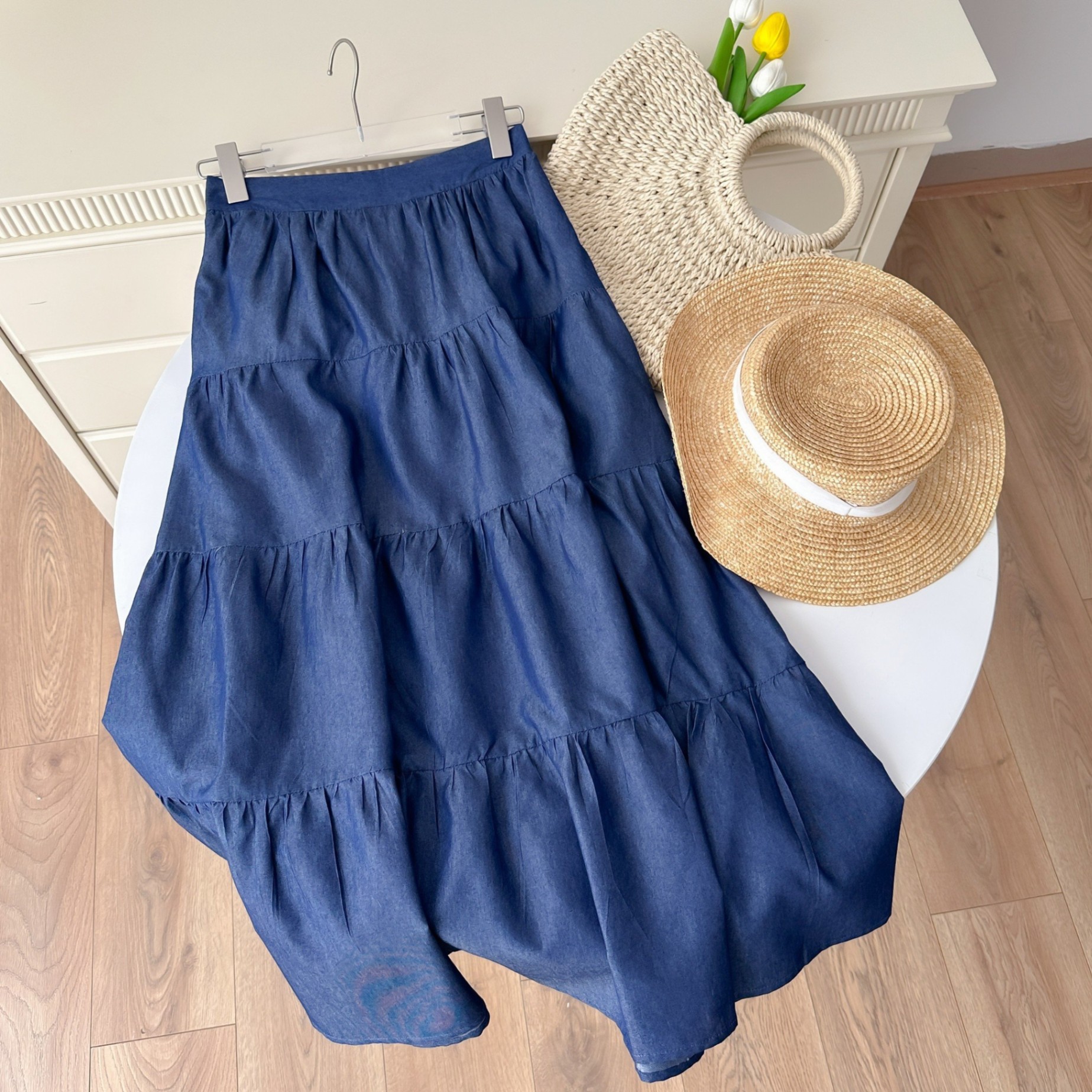 Chân váy denim tầng