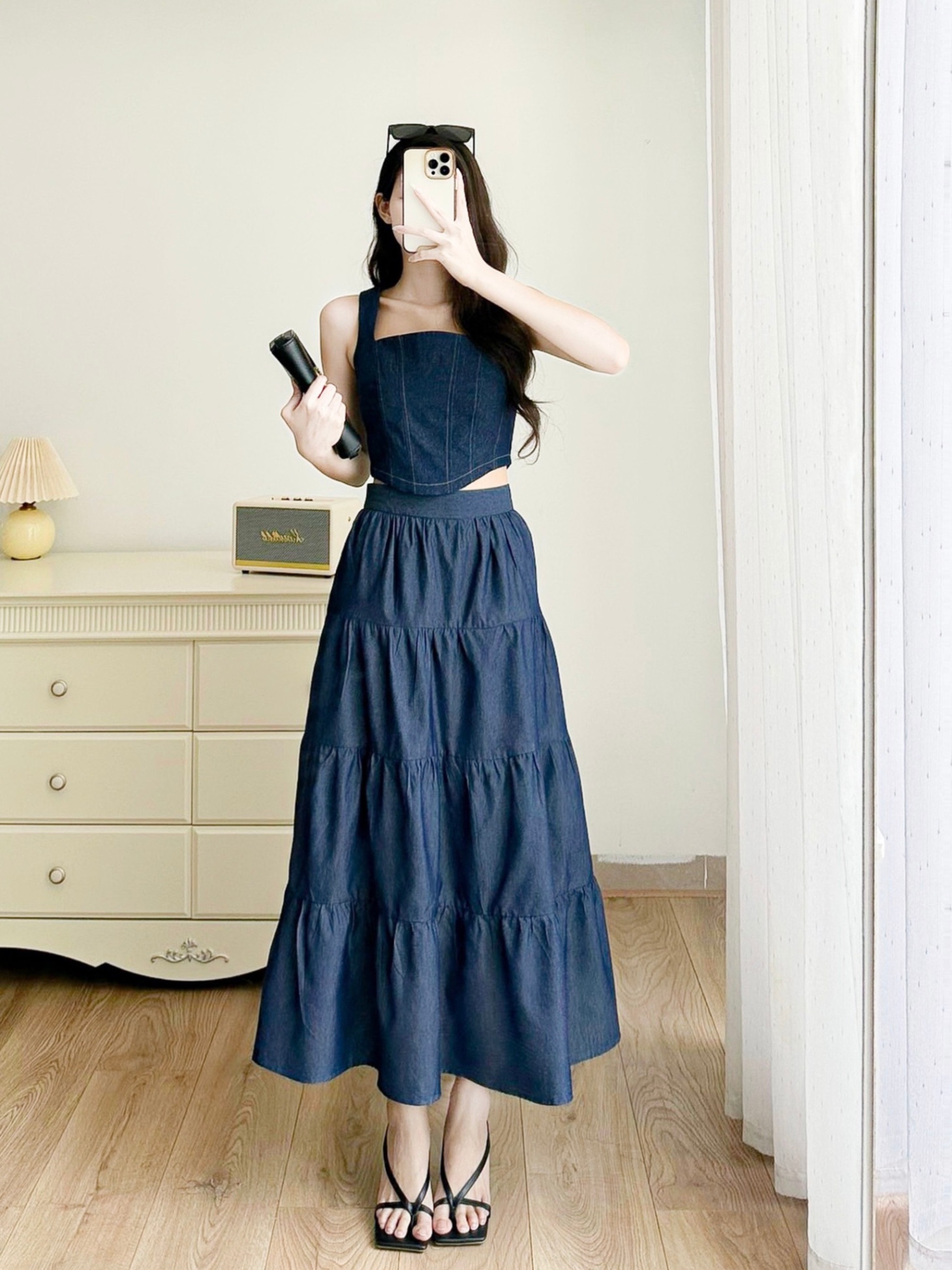 Chân váy denim tầng