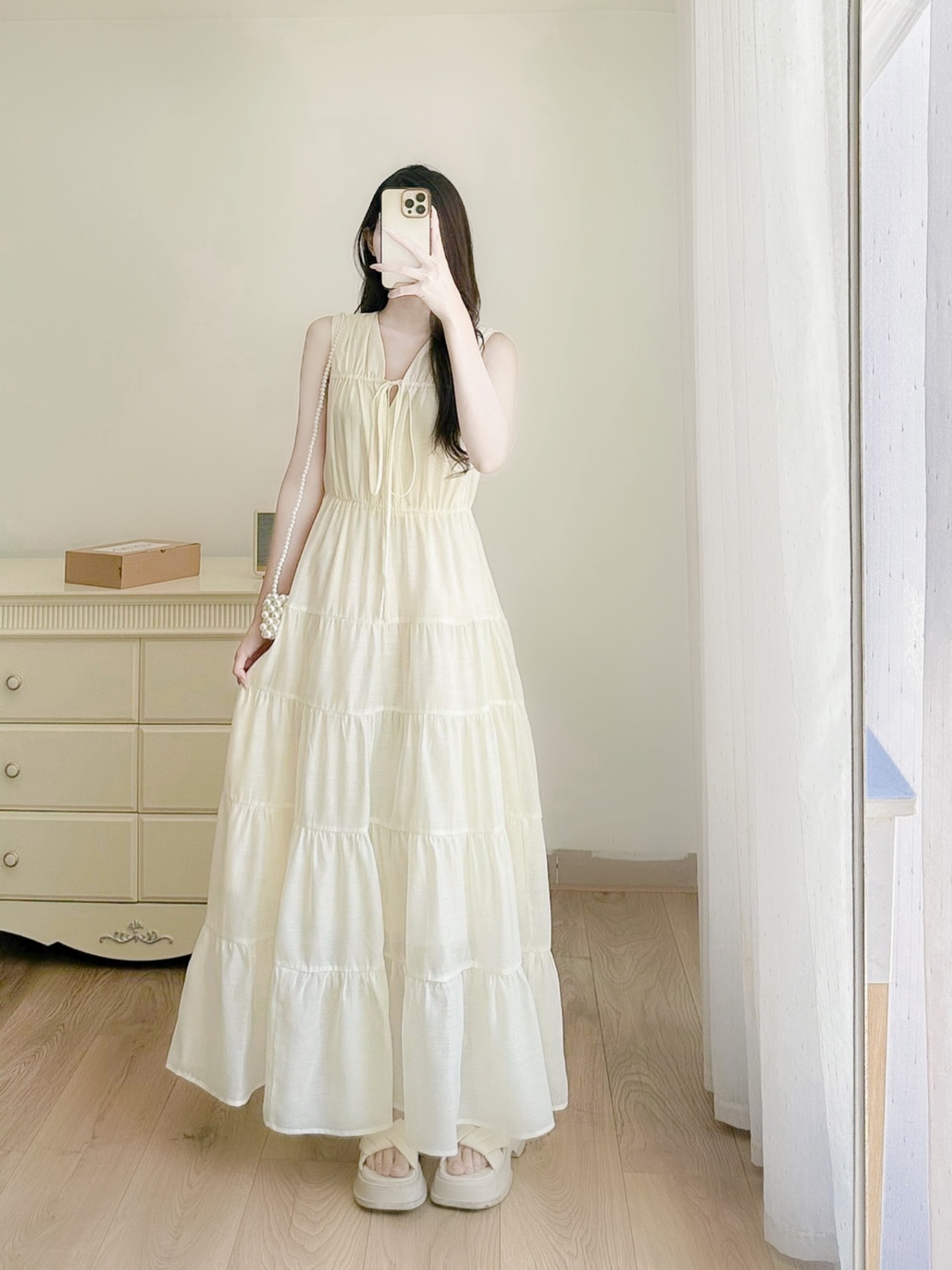Váy tơ nhún tùng dây nơ ngực