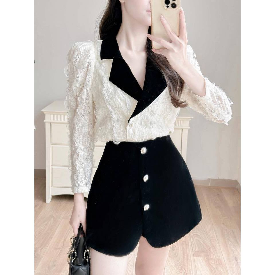 Áo sơ mi ren tay phồng phối cổ nhung