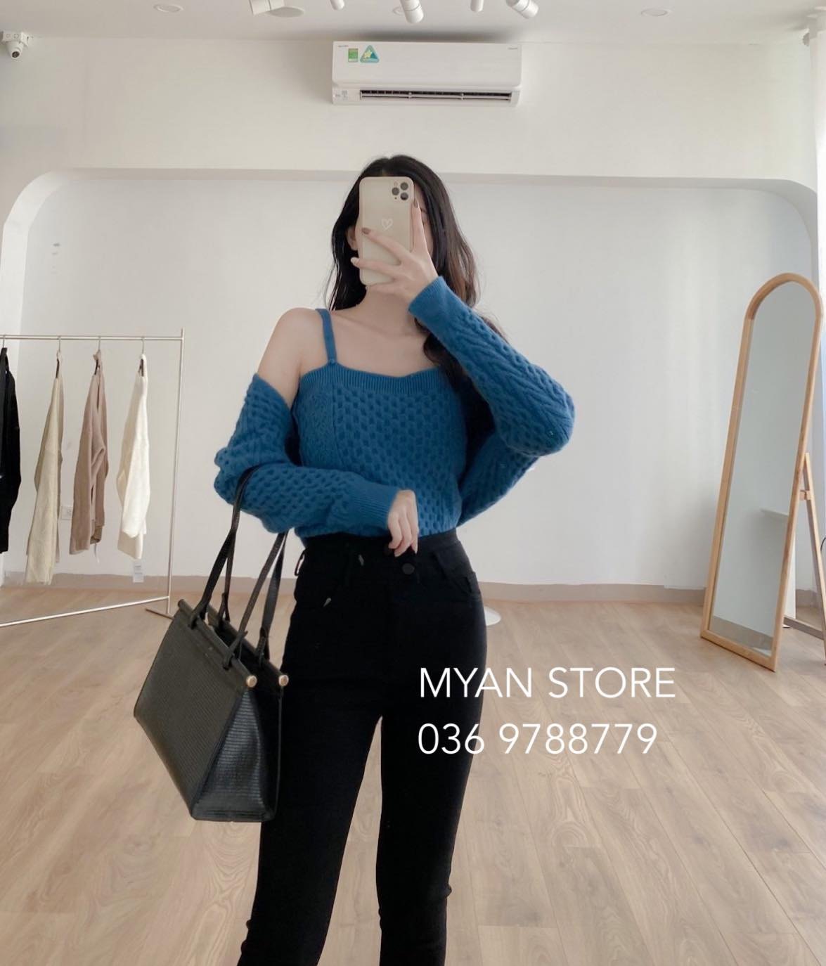 Set áo 2 dây len + cardigan crotop len họa tiết chấm tròn+V (3m-590)