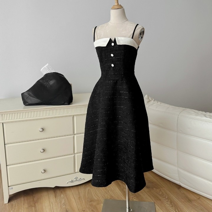 Váy tweed 2 dây dáng dài xòe phối tafta