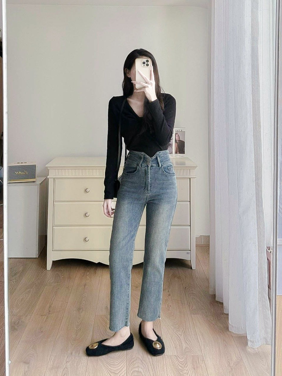Quần jean cúc đôi ống đứng cắt gấu Fanegu (5307)