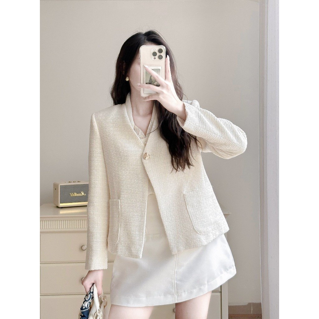 Áo khoác dạ tweed cố V 2 túi ốp