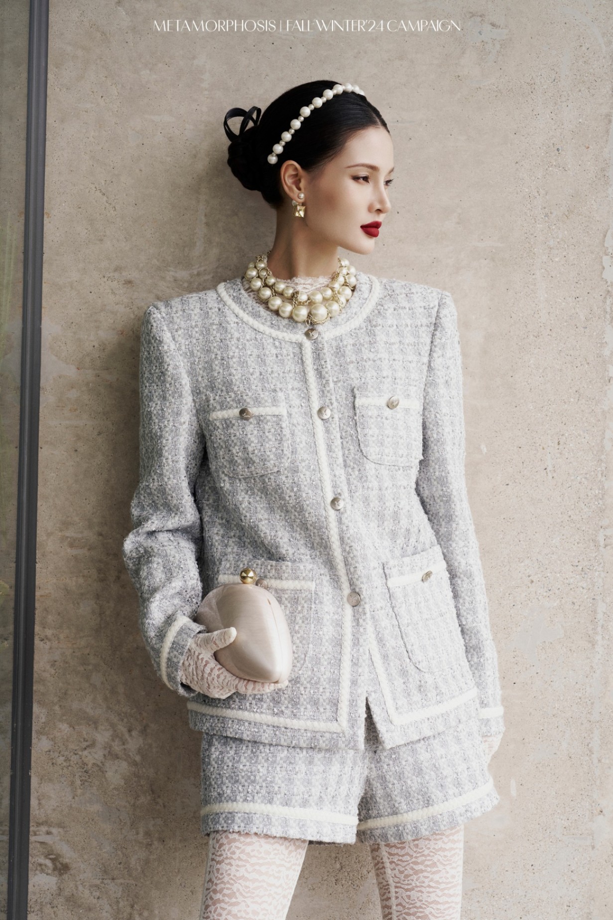 Áo khoác tweed cổ tròn viền dây tết
