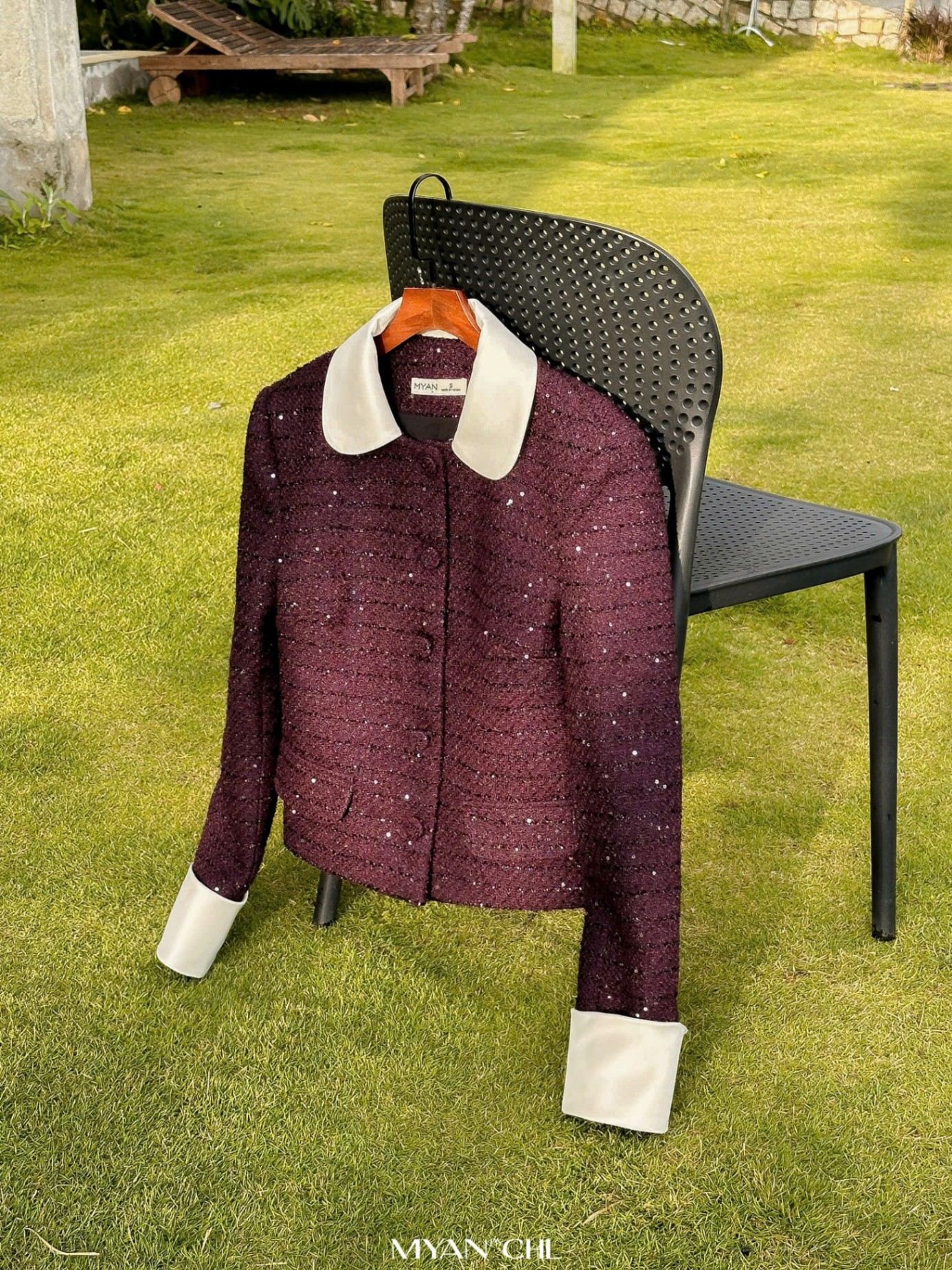 Áo khoác tweed tay cổ phối tafta