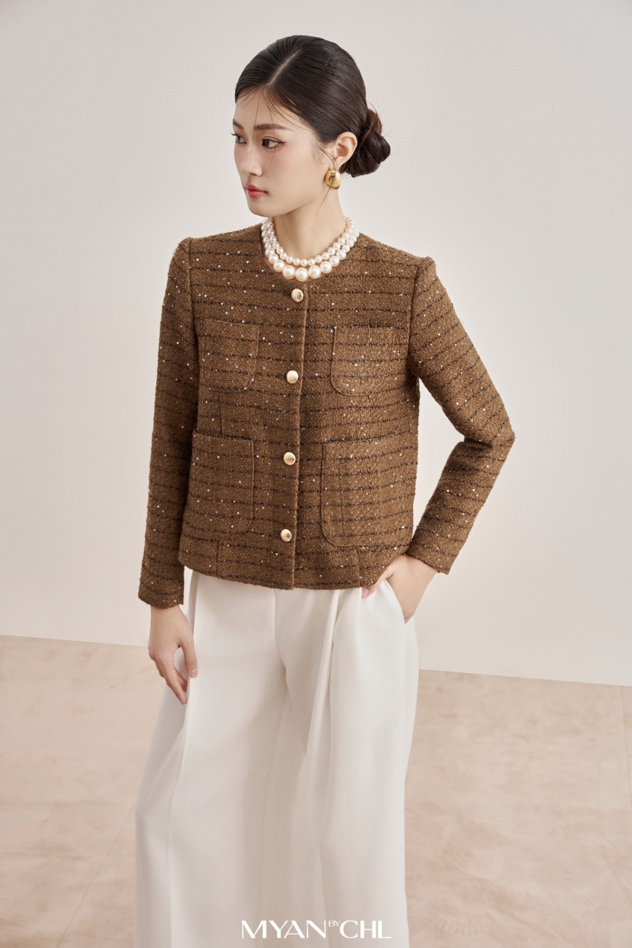 Áo tweed cổ tròn 2 túi ốp