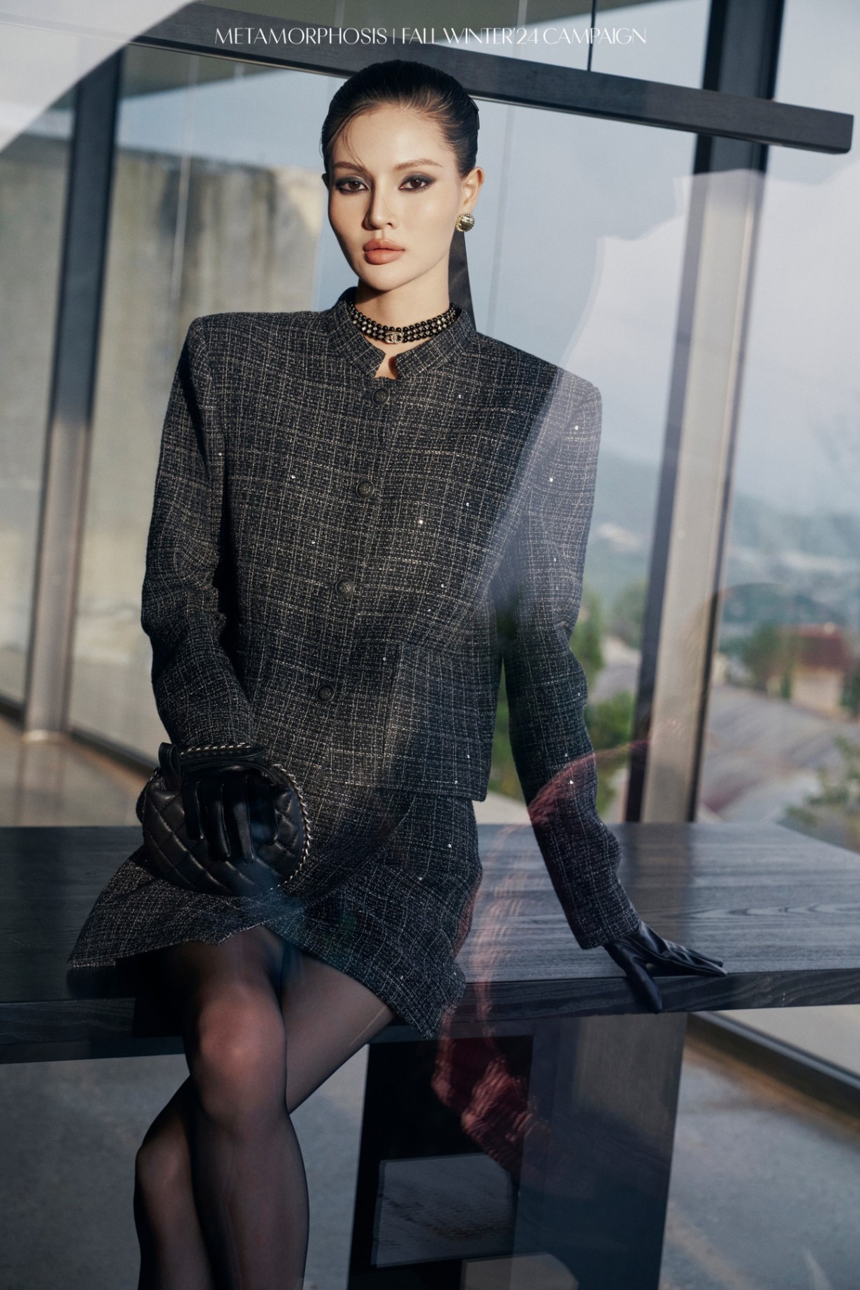 Áo khoác tweed cổ tàu