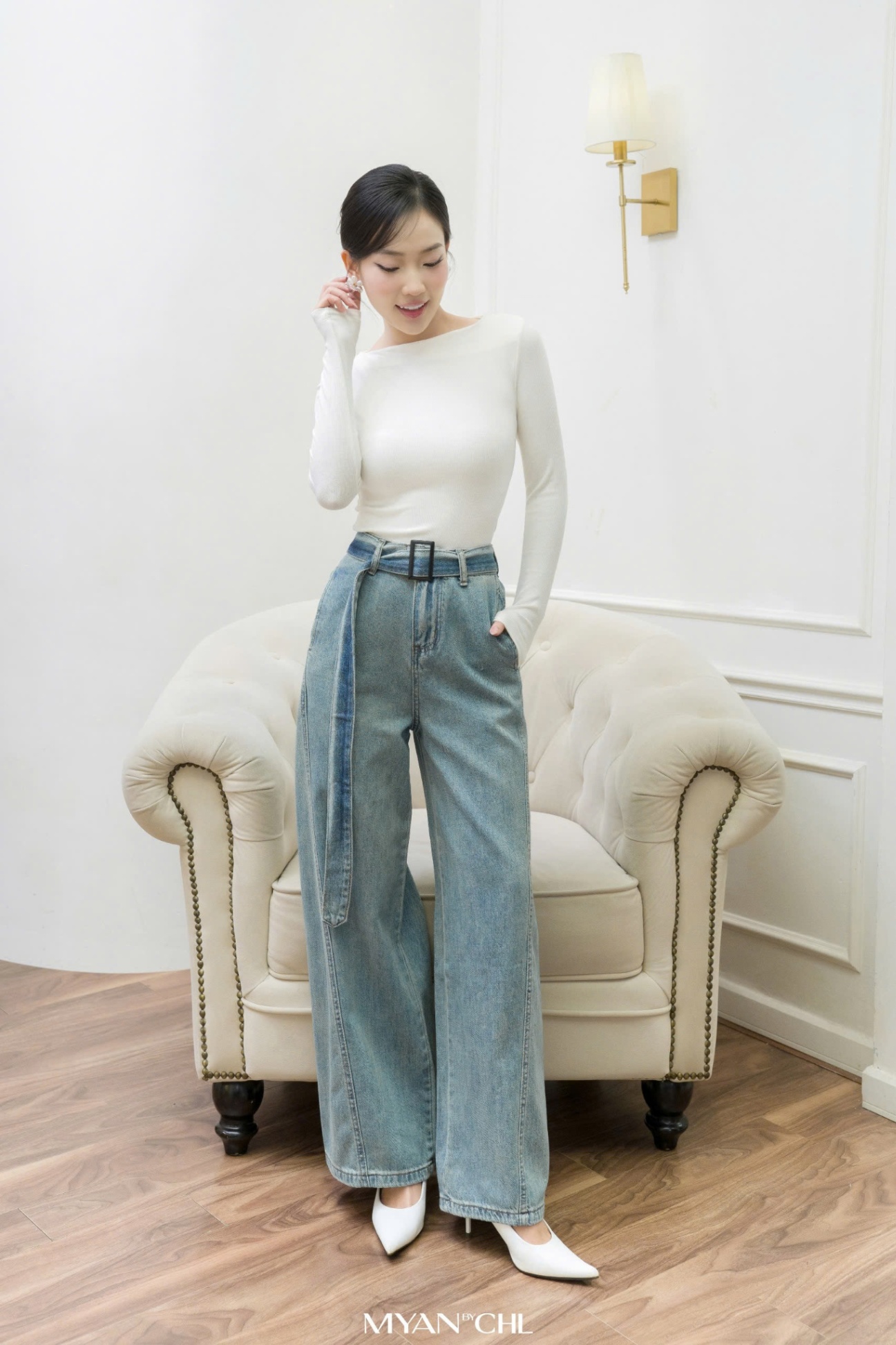 Quần jean ống rộng kèm đai jean (9312)