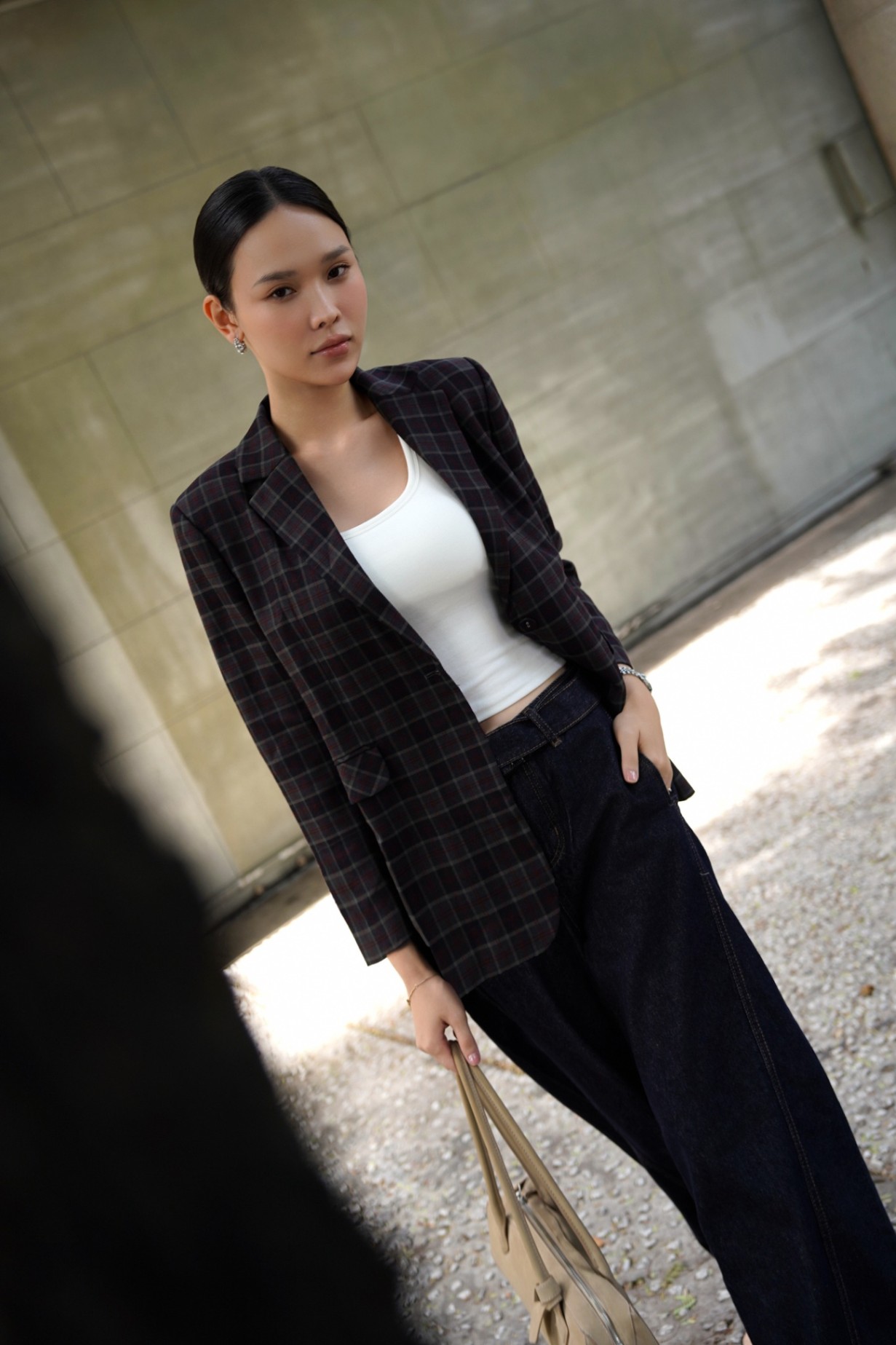 Áo blazer kẻ 1 cúc bọc