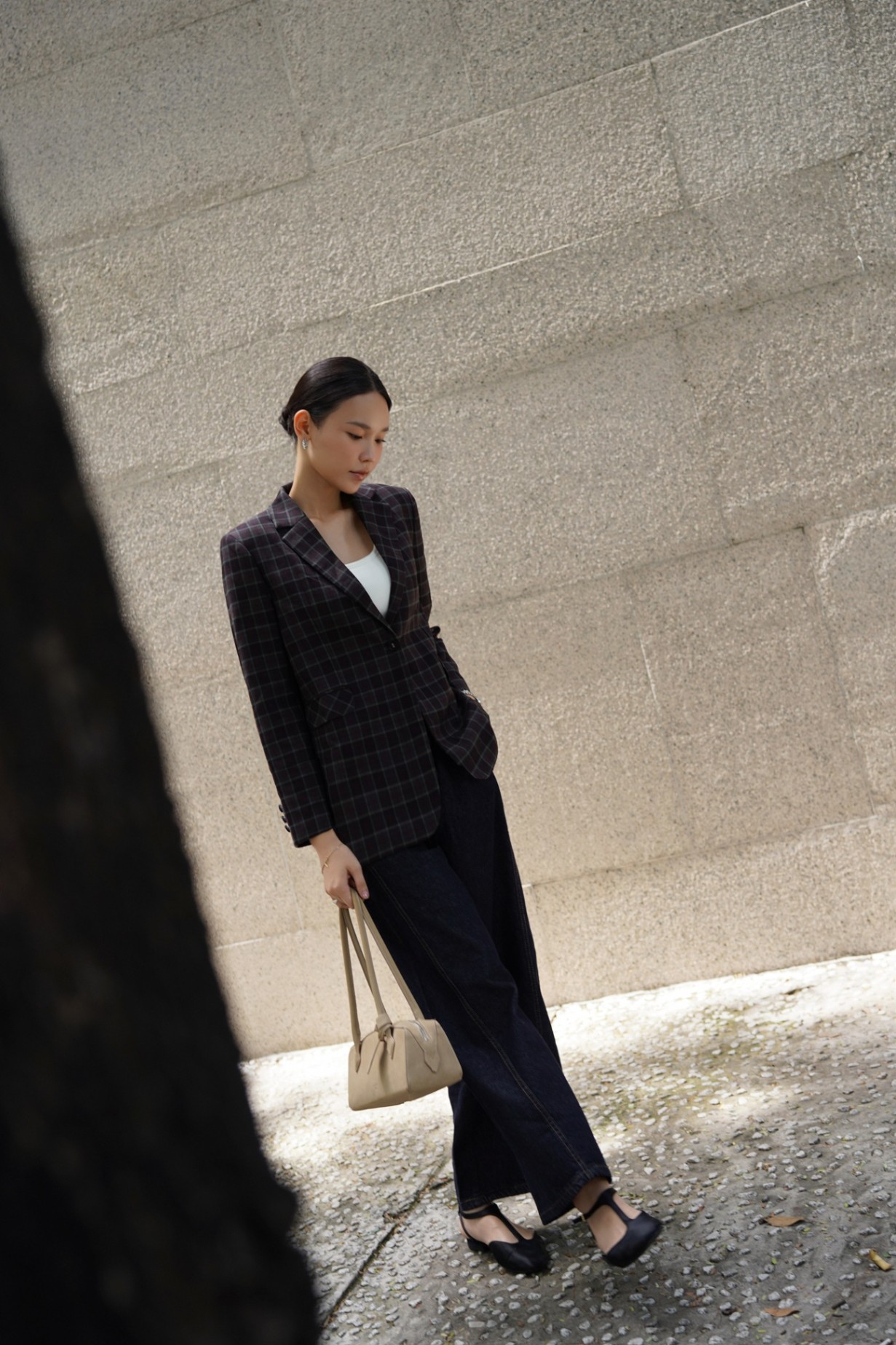 Áo blazer kẻ 1 cúc bọc