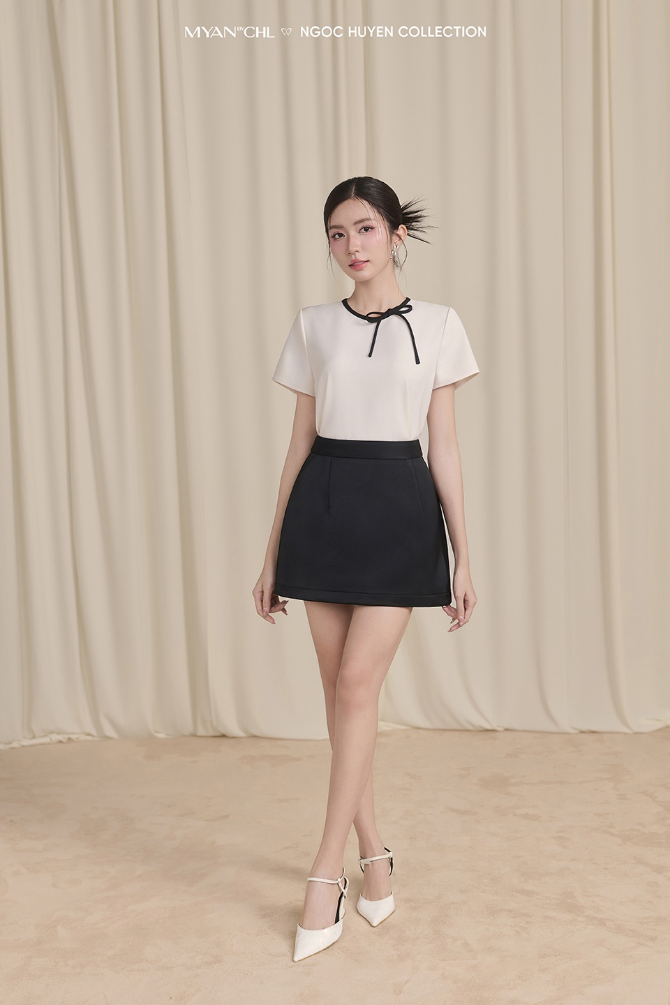 Áo cổ phối viền dây nơ