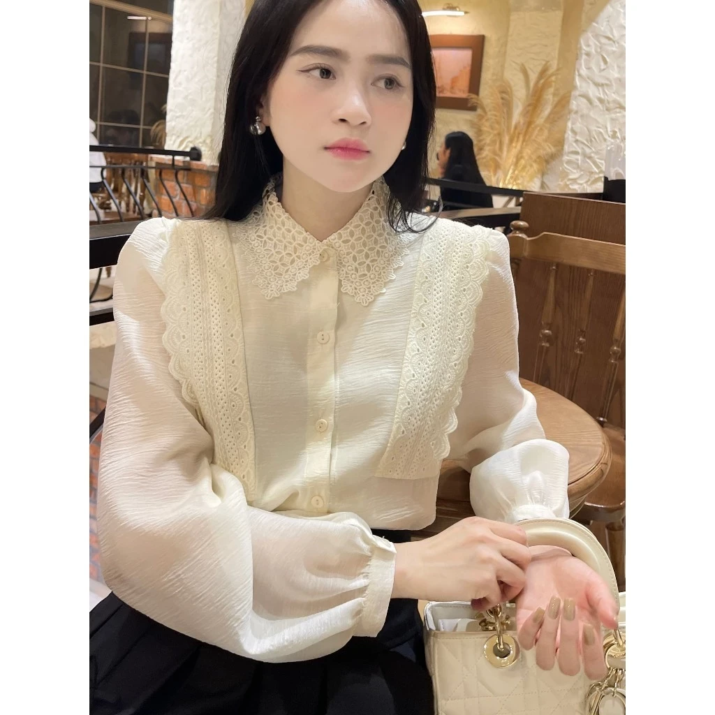 Áo sơ mi dài tay phối ren vai