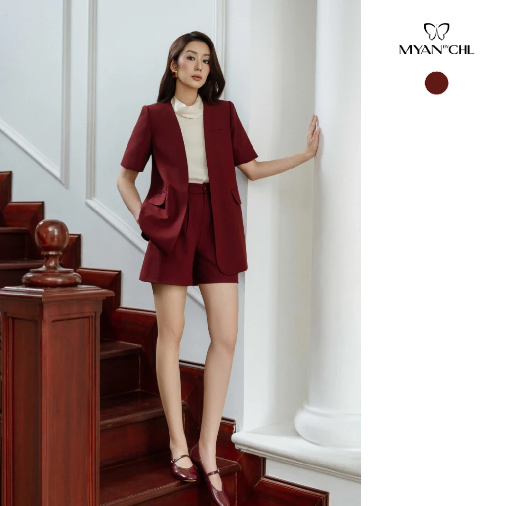 Áo blazer ngắn tay không cổ 2 túi