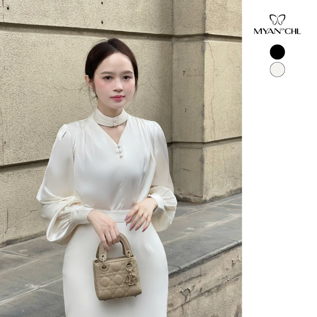Áo lụa dài tay chi tiết xếp ly