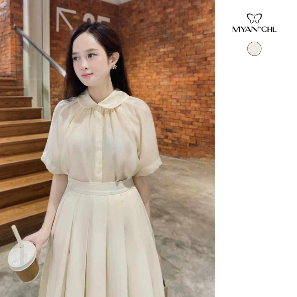 Sơ mi cổ sen tay giác lăng ngắn