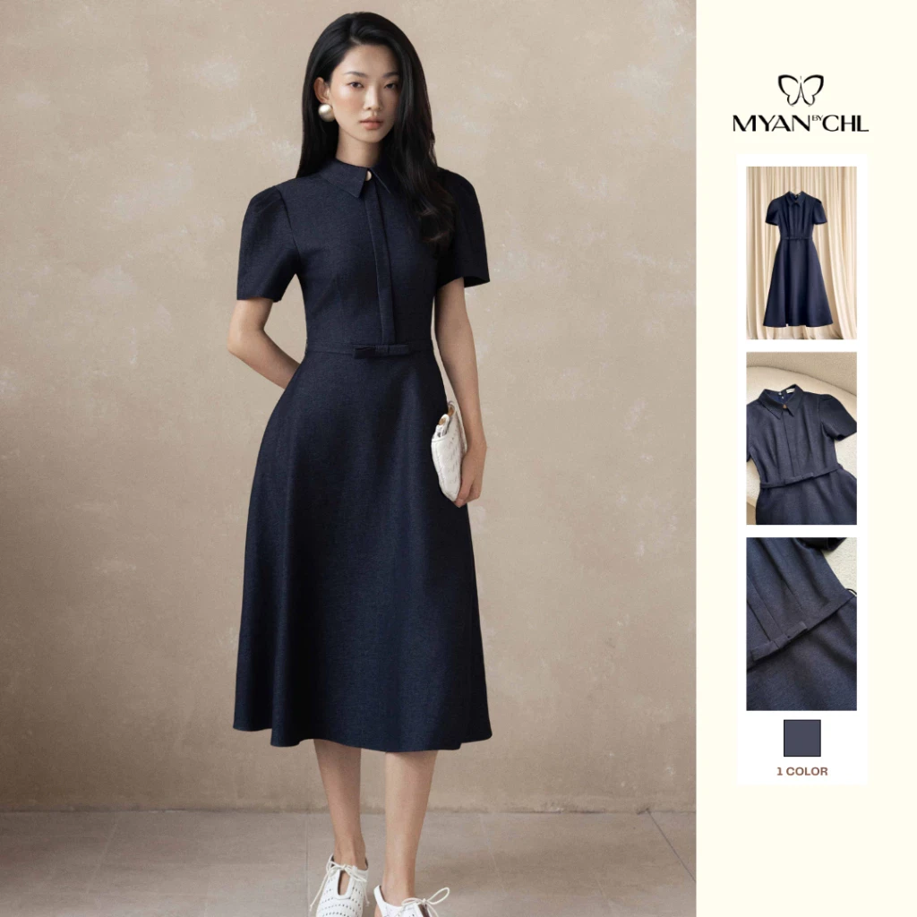 Váy giả jeans dáng dài đai nơ