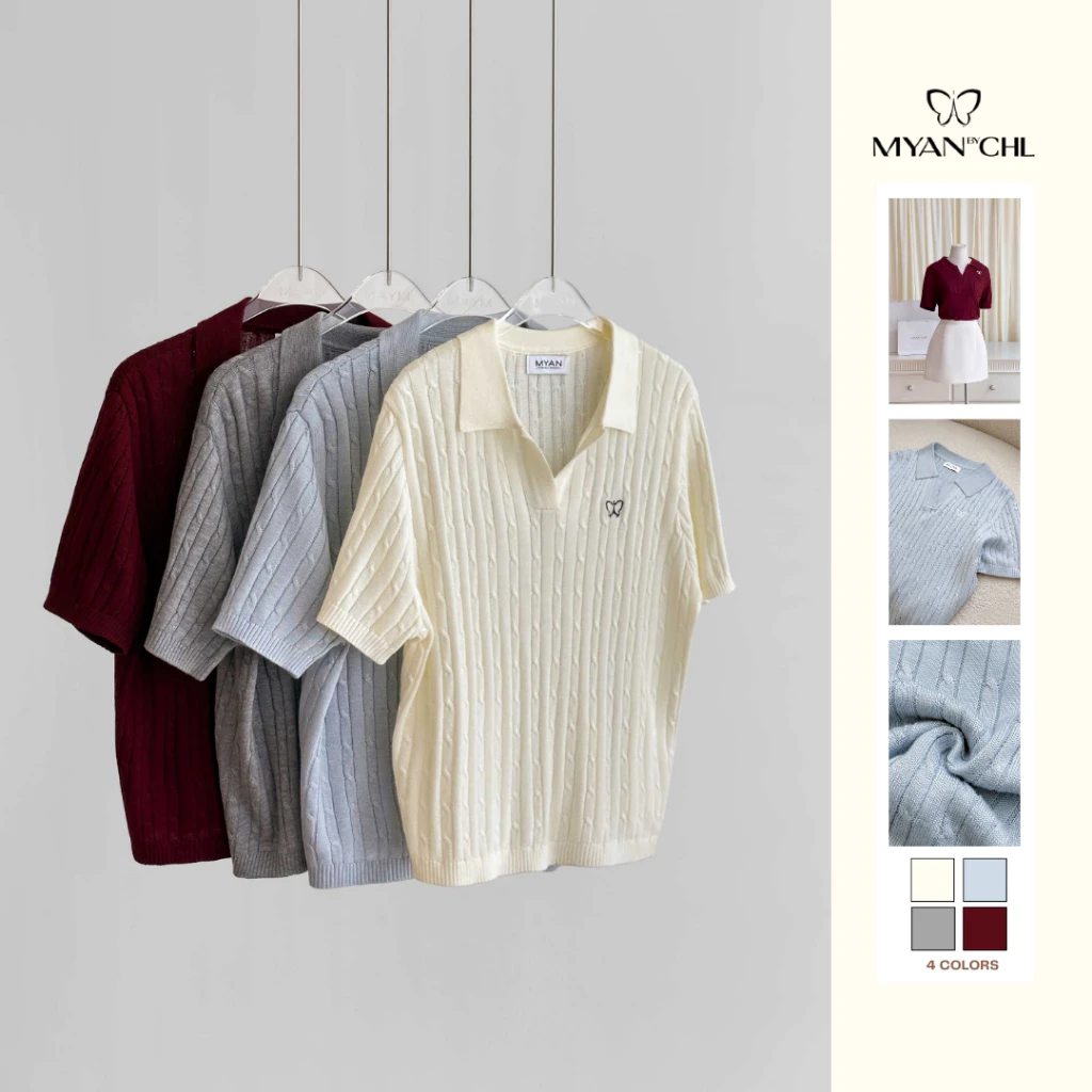 Áo len mỏng cổ polo thêu hình bướm (21021)