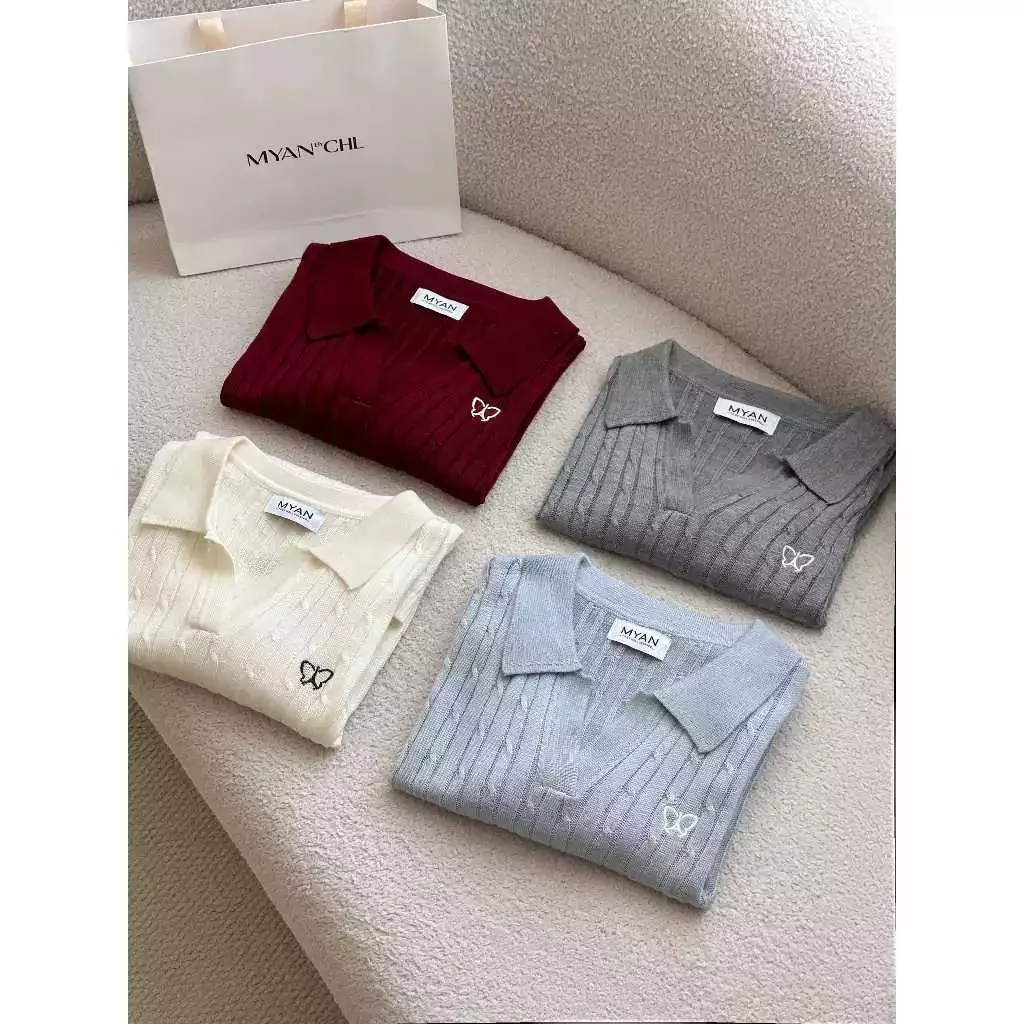 Áo len mỏng cổ polo thêu hình bướm (21021)