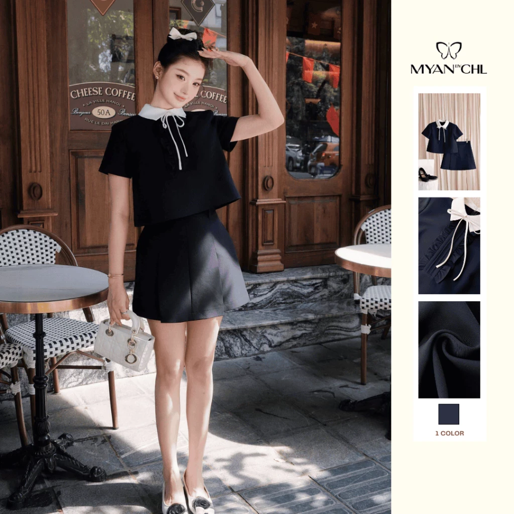 Áo phối cổ bèo nhún ngắn tay.
