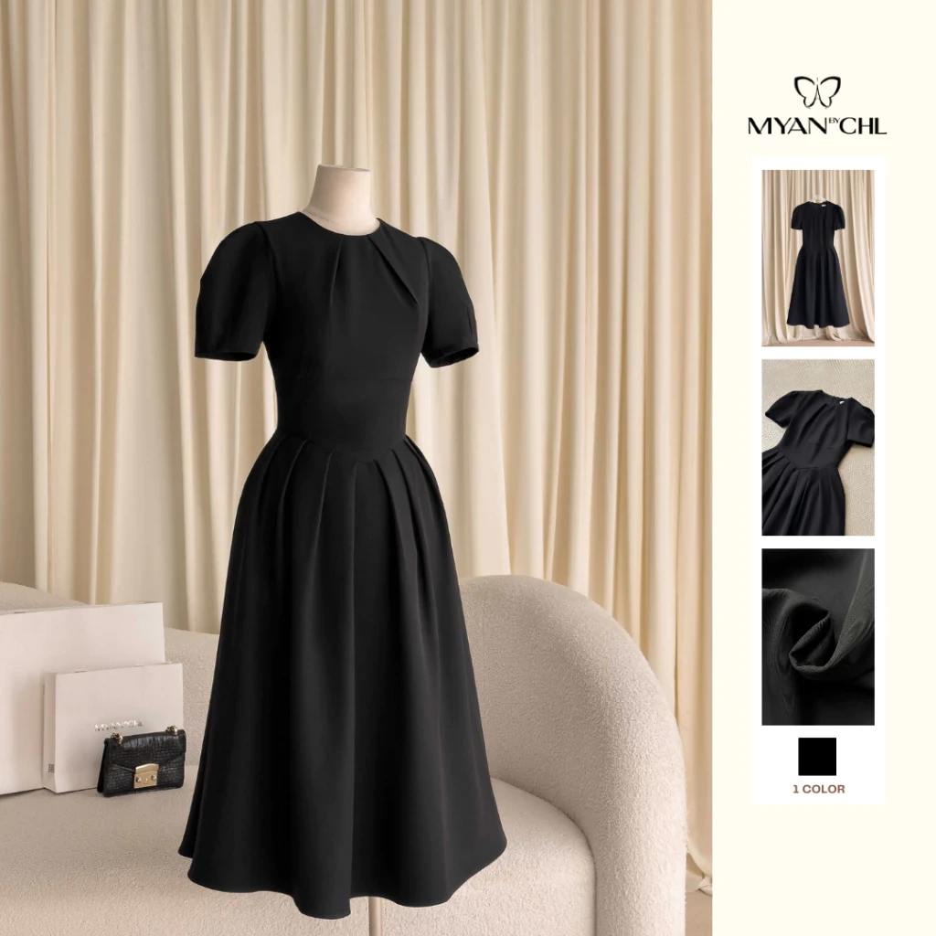Váy dáng dài cổ tròn xếp 2 ly