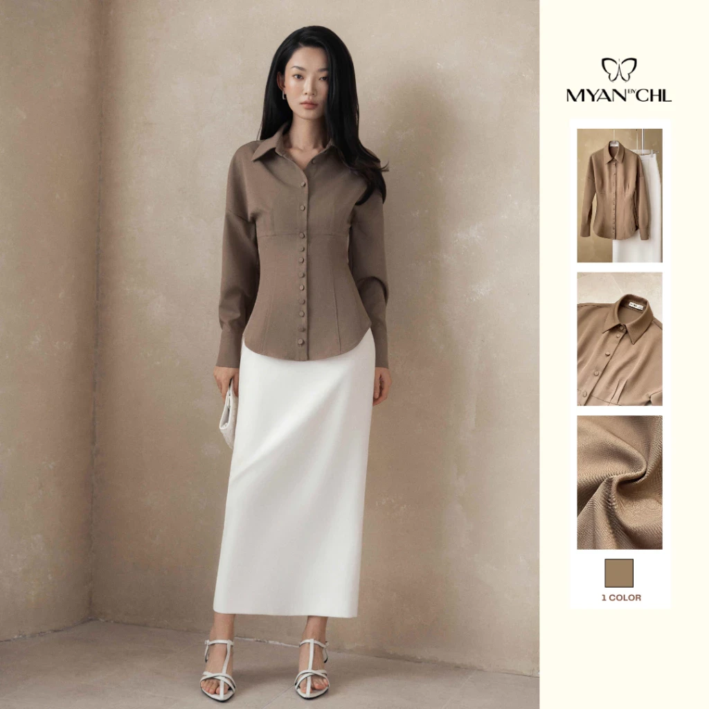 Áo sơ mi cổ đức dài tay ôm eo