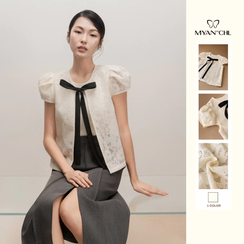 Áo ren ngắn tay phối dây nơ đen