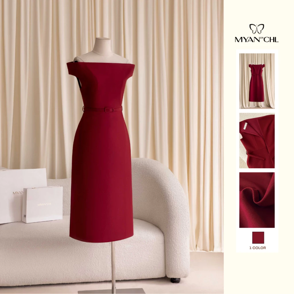 Váy dáng ôm trễ vai thắt lưng rời