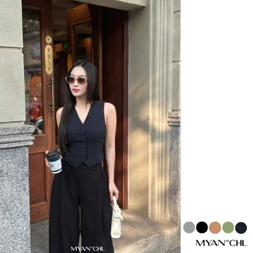 Áo gile cổ V cúc bọc mắt cáo