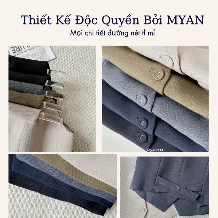Áo gile cổ V cúc bọc mắt cáo