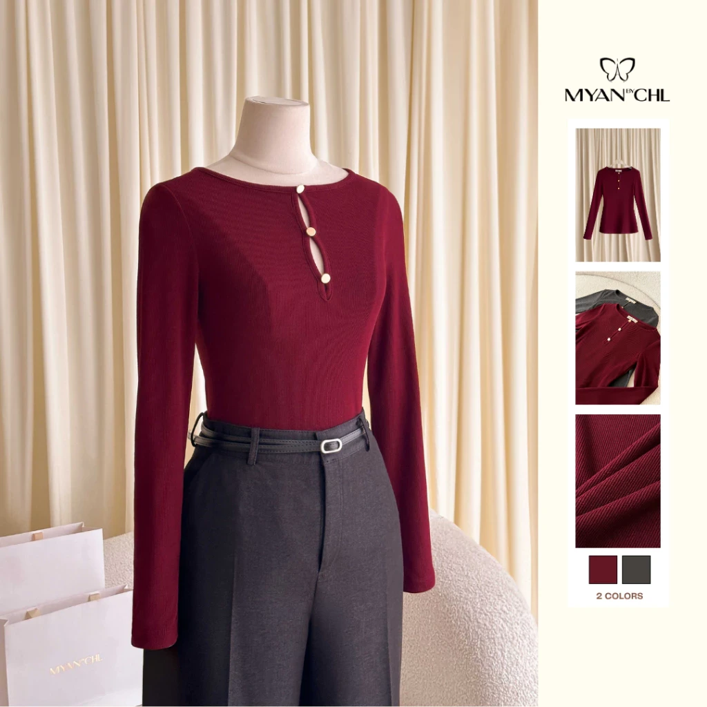 Áo thun dài tay cut-out 3 cúc ngực