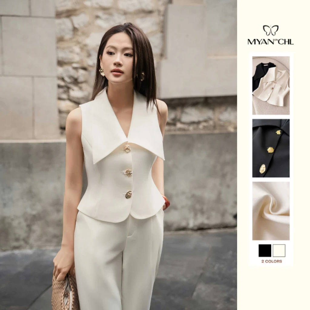 Áo gile lá cổ bản lớn cúc kim loại