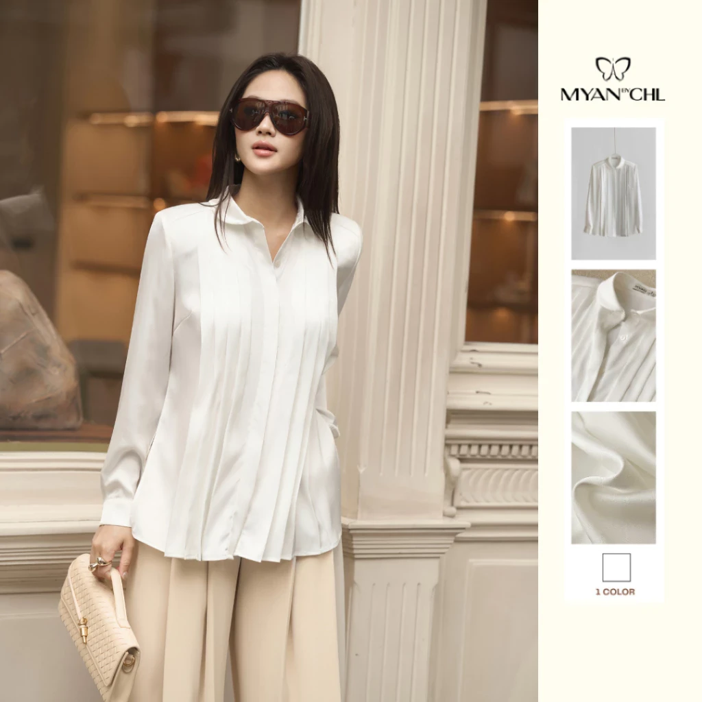 Áo cổ sen xếp ly dài tay