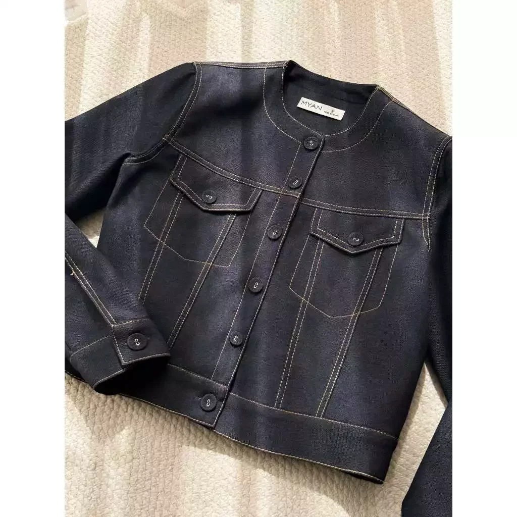 Áo khoác giả jeans dài tay đường diễu trang trí