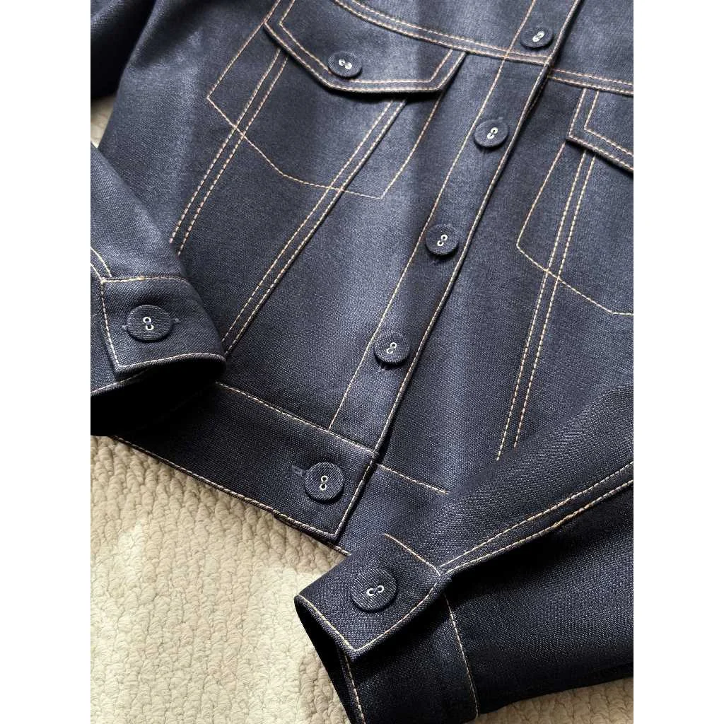 Áo khoác giả jeans dài tay đường diễu trang trí