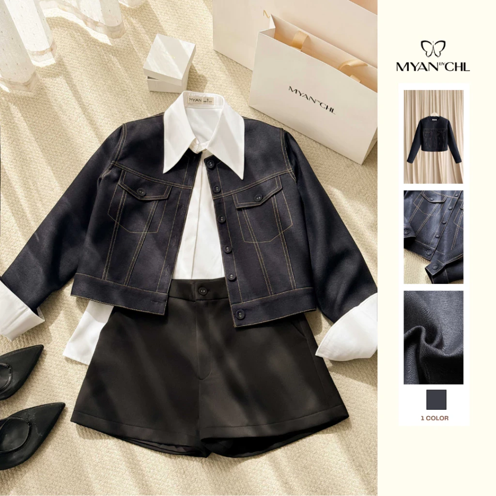Áo khoác giả jeans dài tay đường diễu trang trí