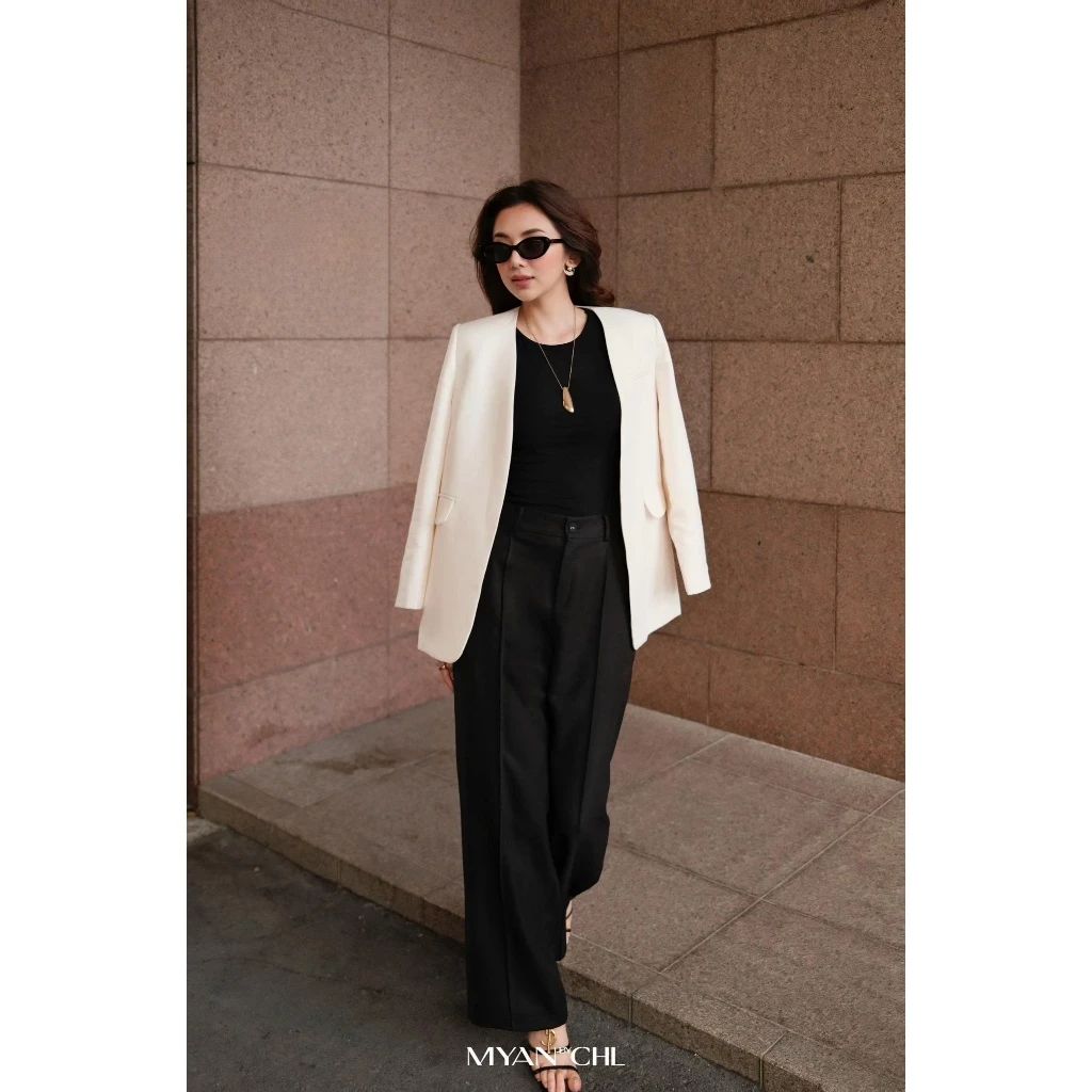 Áo blazer không cổ vạt tròn hai túi