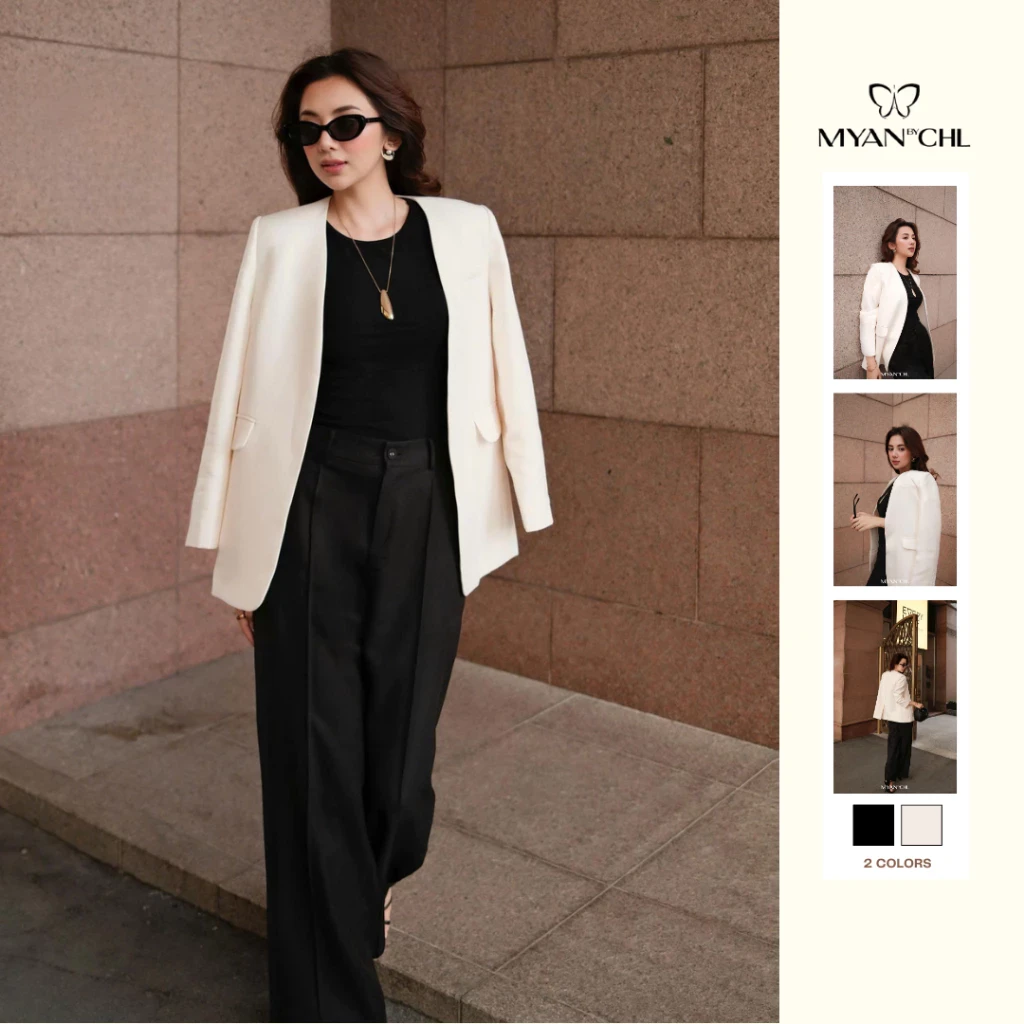 Áo blazer không cổ vạt tròn hai túi