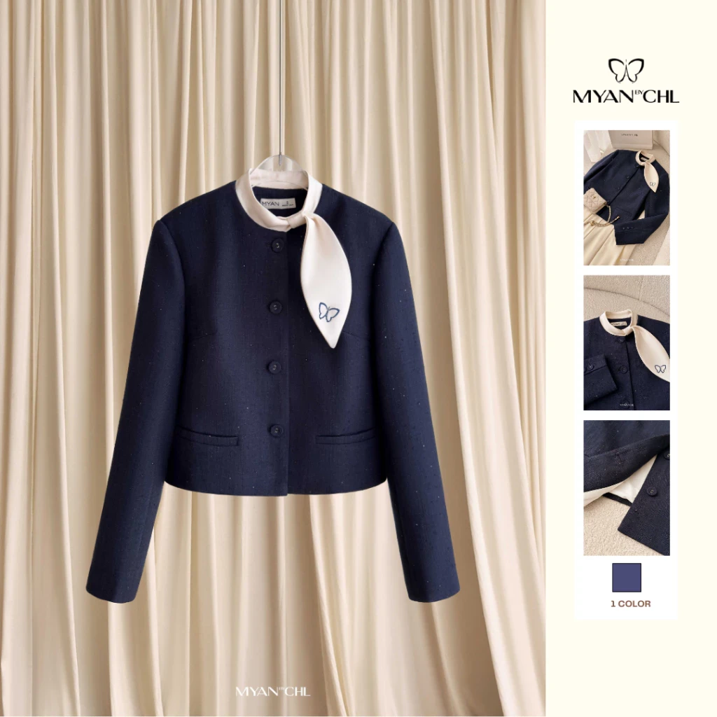 Áo khoác tweed cổ nơ thêu bướm