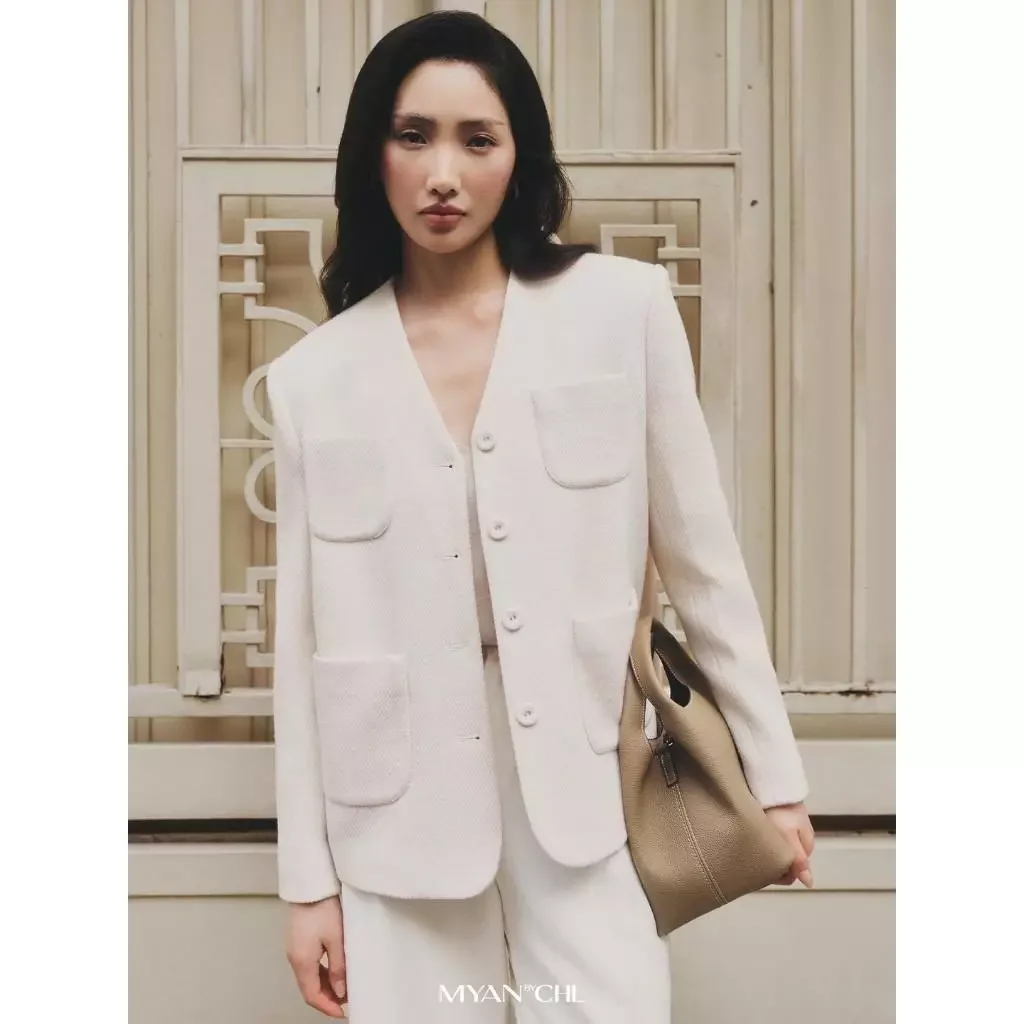Áo khoác cổ tim dài tay dáng đứng