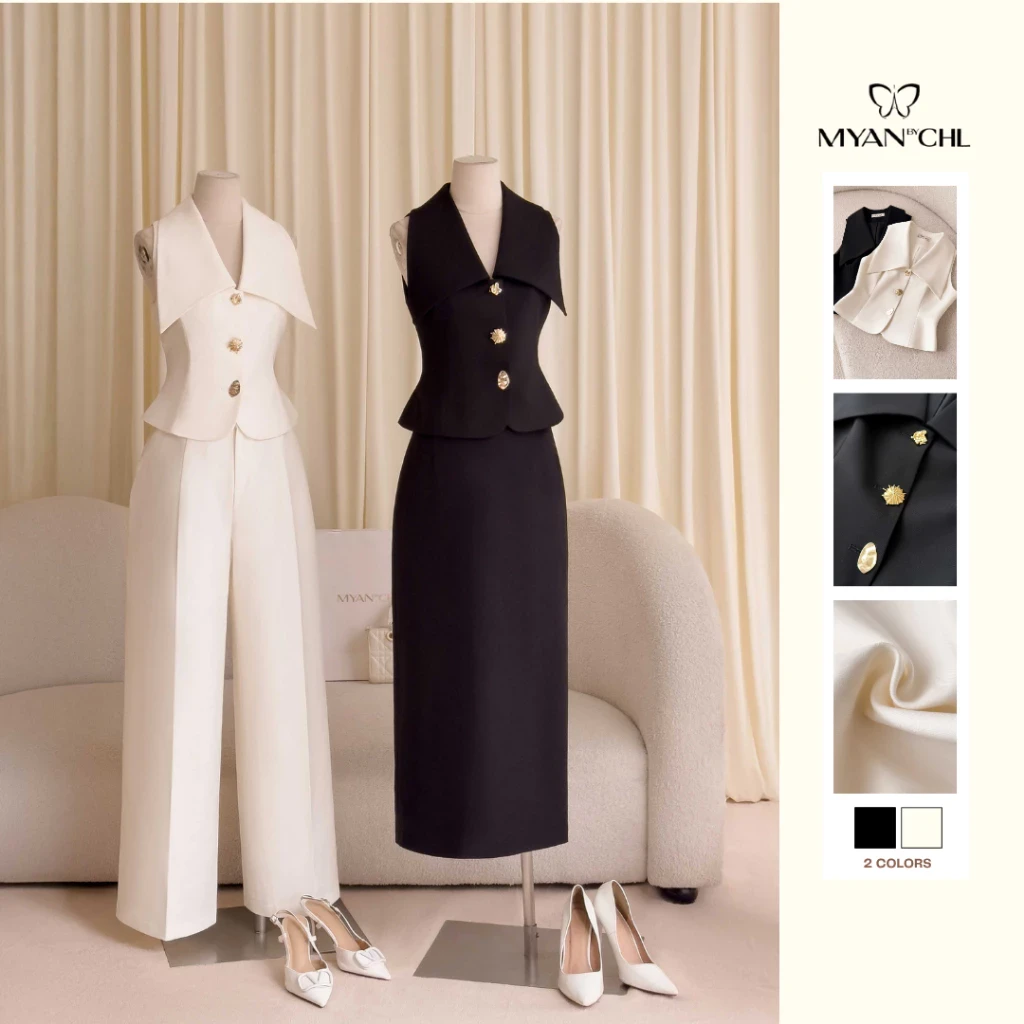 Áo gile lá cổ bản lớn cúc kim loại