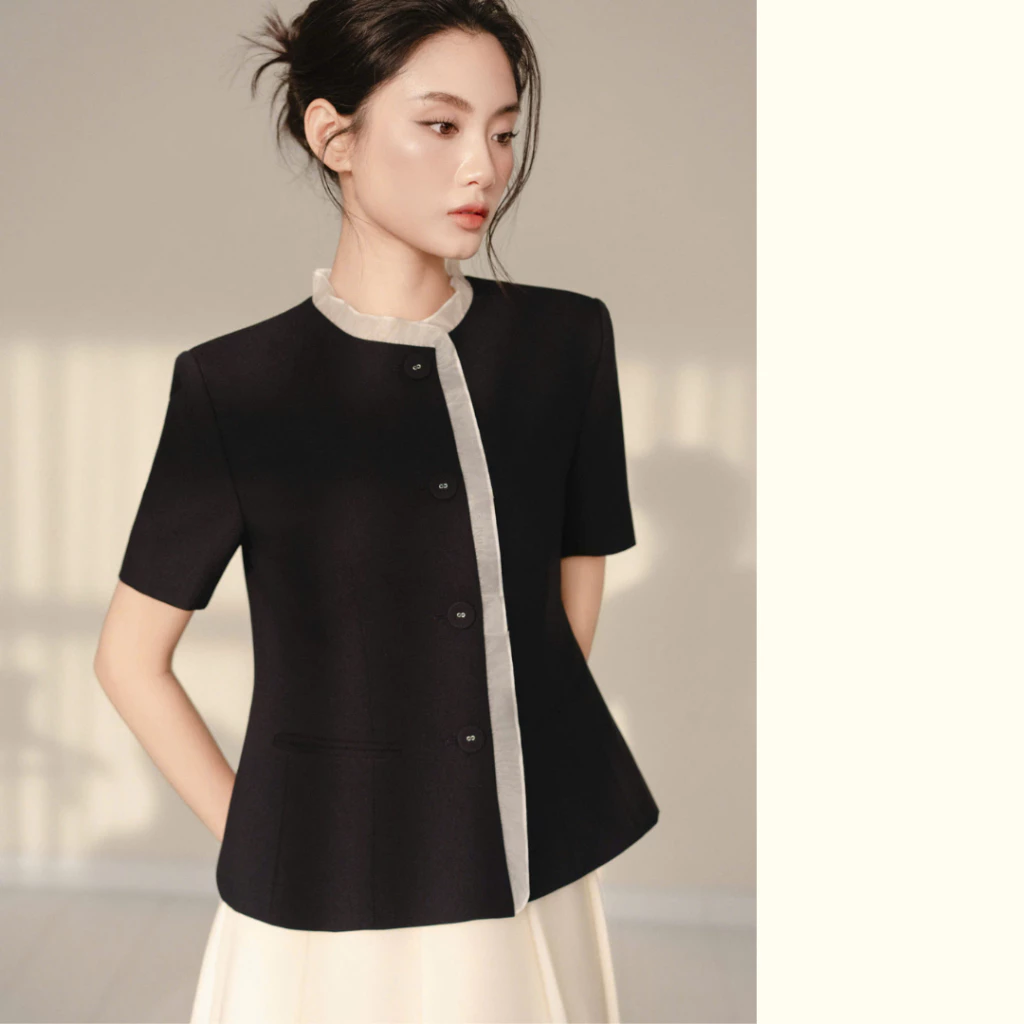 Áo khoác ngắn tay nẹp phối tơ