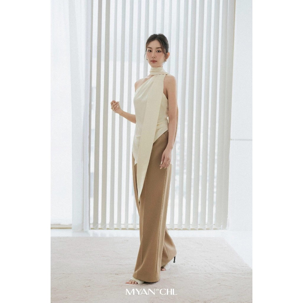 Áo lụa lệch vai choàng dây liền áo